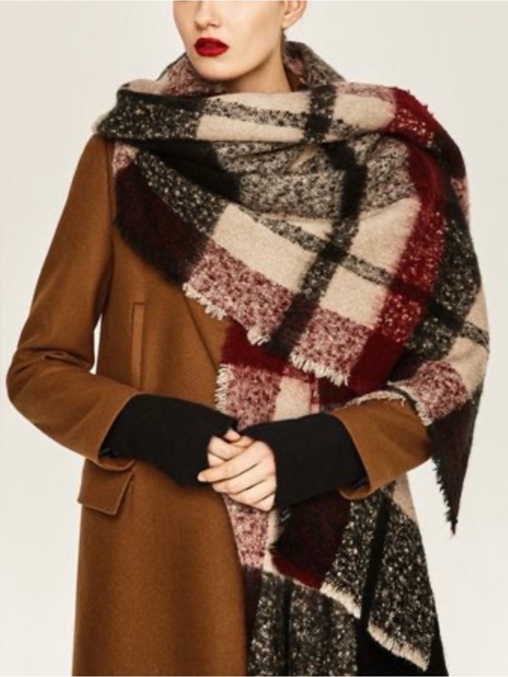 Zara Plaid Fringe Scarf in Cream, Black & Red